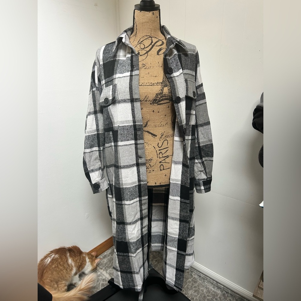 Plaid Black and Gray Women's Coat